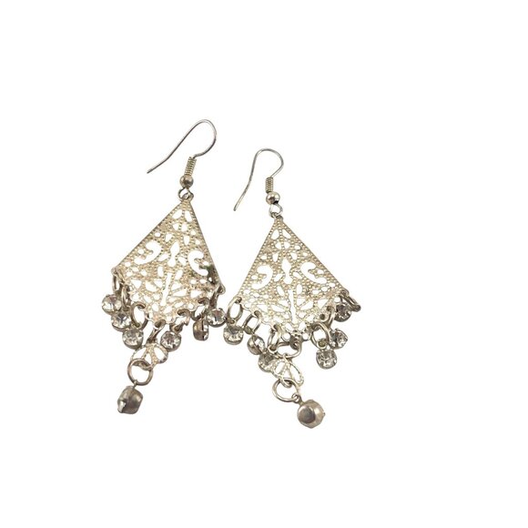 Vintage Silver Filigree Triangle Dangle Earrings Statement Boho Tribal Jewelry - Picture 3 of 8